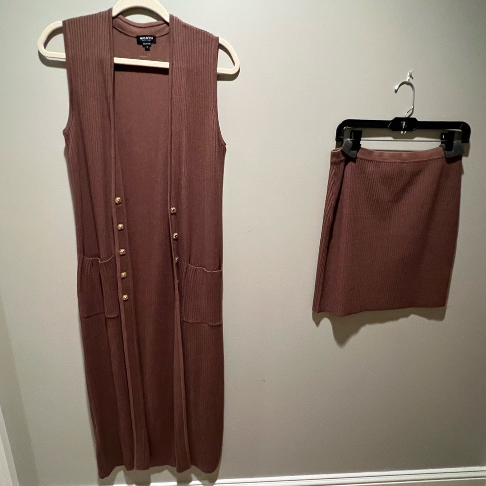 WORTH knit sweater duster and skirt set camel brown S